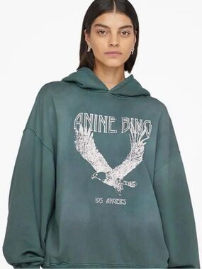 Anine Bing Teal Washed Eagle Pullover Hoodie